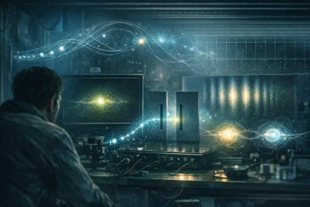 A dimly lit laboratory where a scientist observes a glowing quantum experiment, with luminous particles forming wave patterns and interference on screens, evoking the idea of reality shifting between possibility and certainty.