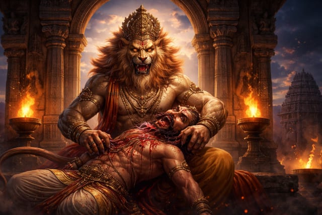 A dramatic 16:9 digital painting of Narasimha, the half-man, half-lion avatar of Vishnu, seated in a temple doorway at twilight. He holds the demon king Hiranyakashipu across his lap, claws extended, as flames from stone torches illuminate carved pillars and a dusky sky in the background.