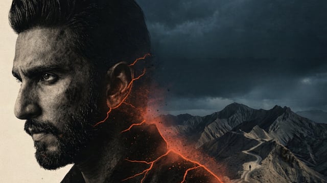 Close up profile of a rugged bearded man with a fractured glowing edge along his face blending into a barren mountain landscape where a lone figure walks a winding path beneath a dark sky symbolizing identity erosion and isolation.