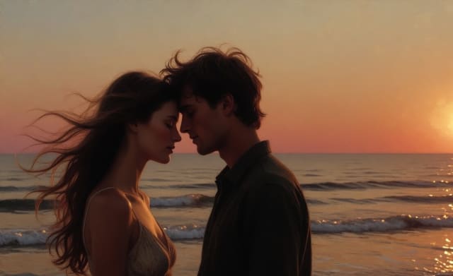 A couple stands close by the sea at sunset, their foreheads gently touching as warm golden light reflects across the water. The man's dark, tousled hair and the woman's wind-swept hair catch the soft glow, creating a quiet, intimate moment against a calm ocean horizon painted in orange and pink tones.