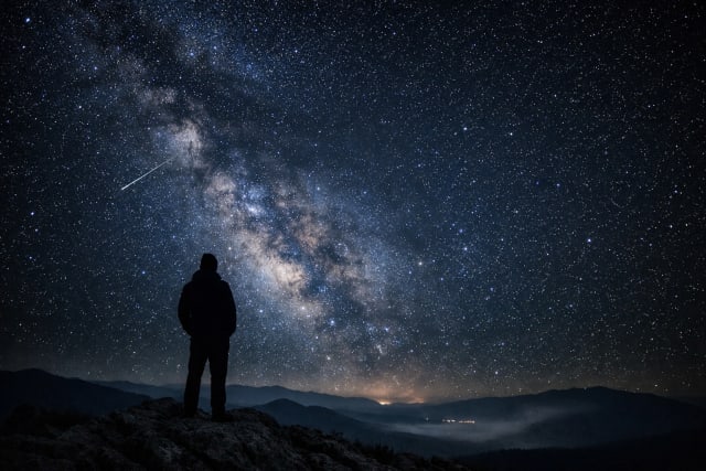 A lone human silhouette stands on a rocky ridge under a vast star-filled sky, with the Milky Way stretching overhead and a faint glow on the horizon, emphasizing the scale and solitude of the cosmos.