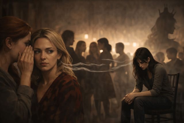 Ultra-realistic photograph of three women at a softly lit indoor gathering. On the left, one woman leans in to whisper to another who looks uneasy, while in the background a third woman sits alone on a chair with her head lowered, suggesting social tension or exclusion within a crowded room.