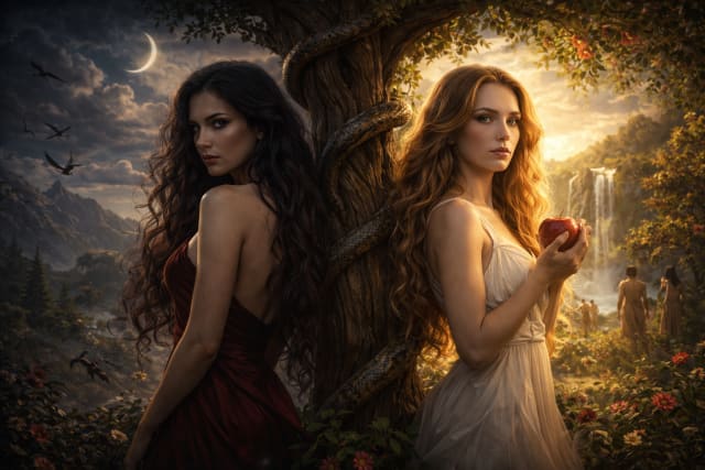 Realistic cinematic depiction of Lilith and Eve standing back to back in the Garden of Eden, with Lilith in a dark red dress under a moonlit sky symbolizing rebellion, and Eve in a white dress holding the forbidden apple in a bright sunlit paradise, divided by a tree with a serpent coiled around it.