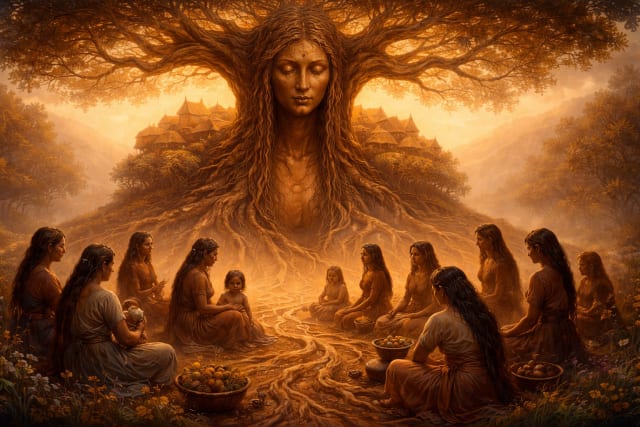 A surreal 16:9 digital painting of a matriarchal world, where a huge ancient tree forms the face of a serene woman, its roots spreading outward as pathways connecting generations of women gathered in a circle below, symbolizing lineage, care, and continuity in warm golden light.