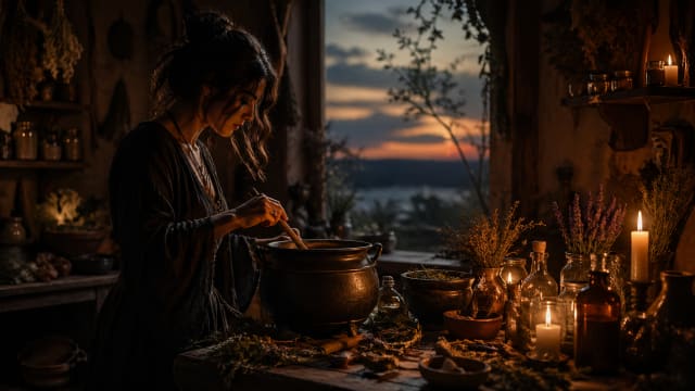 A woman in a dim, candlelit room stirs a pot on a wooden table, surrounded by herbs, glass bottles, and warm light, with a dusky landscape visible through the window behind her.