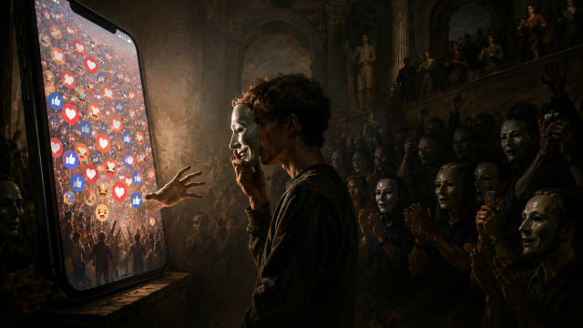 A young man holding a theatrical mask stands before a giant glowing smartphone screen filled with social media reactions, while masked crowds applaud in a dark hall, symbolising performative morality, digital validation, and the transformation of ethics into public spectacle.