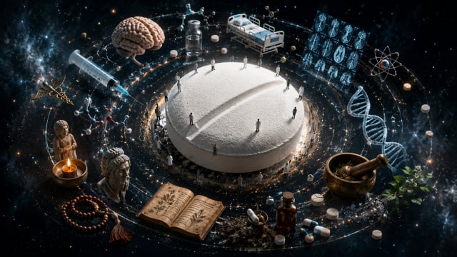 A surreal editorial illustration showing a single white pill floating like a planet in deep space. Around it orbit hospital beds, syringes, brain scans, DNA strands, ancient herbs and prayer beads, while tiny human figures walk across the pill’s surface beneath a dark cosmic backdrop.