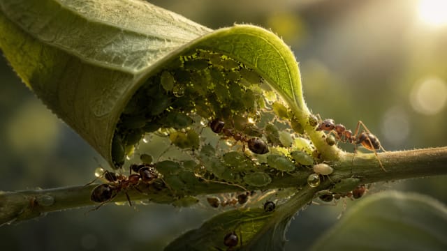 Macro photograph of green aphids clustered beneath a curled leaf while reddish-brown ants feed on honeydew and guard the colony, illuminated by warm sunlight against a soft blurred natural background.