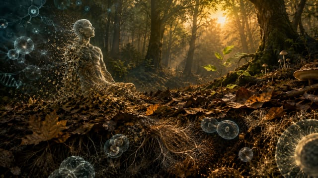 Surreal forest scene showing a human figure dissolving into cells, roots and DNA strands to symbolize death, evolution, apoptosis and the biological cycle of life.