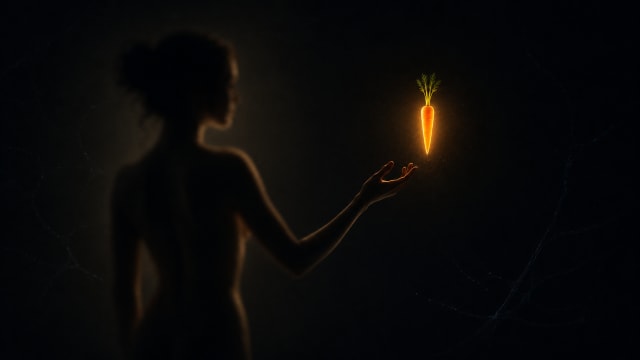 A high-contrast cinematic silhouette of a person reaching toward a glowing, levitating carrot. Deep shadows and subtle neural network patterns in the background represent the biological drive of dopamine and the psychology of anticipation.