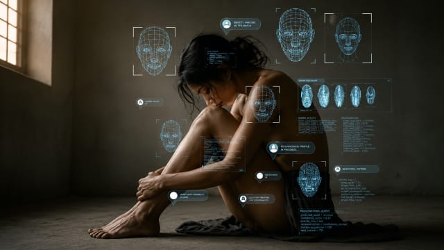 Woman surrounded by AI biometric scans and digital data overlays symbolizing technologized self discovery, identity surveillance, and the impact of algorithms on human consciousness.