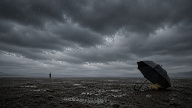 A lone black umbrella lies on a rain-soaked barren plain beneath a dark stormy sky, sheltering a small dough doll inspired by Tumbbad, while a distant silhouette of Hastar walks slowly toward it across the desolate landscape.