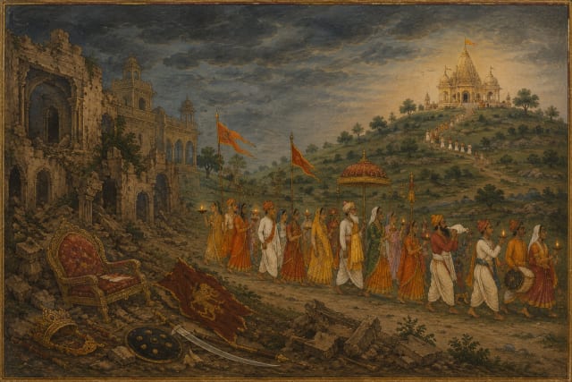 Traditional Indian miniature painting showing pilgrims carrying lamps and sacred banners past the ruins of a fallen empire toward a glowing hilltop temple beneath storm-darkened skies.