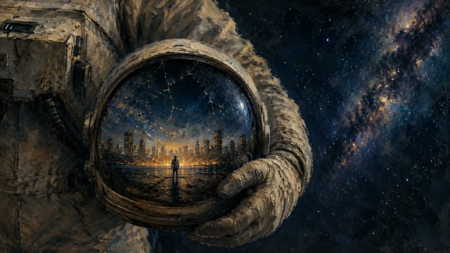 An atmospheric oil painting of a lone astronaut holding a cracked space helmet against a vast star-filled cosmos. Reflected inside the dark visor is a glowing modern city skyline with a solitary human figure standing beneath it. The contrast between the infinite universe and fragile human civilization creates a mood of existential loneliness and philosophical wonder. Rich painterly textures, deep blues and golds, cinematic lighting, and a quiet contemplative tone inspired by literary science essays.
