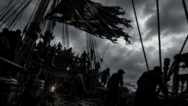 A dark, cinematic view from the deck of an eighteenth-century ship under a stormy Atlantic sky, with silhouetted sailors, heavy rigging ropes and a massive tattered black flag dominating the frame.