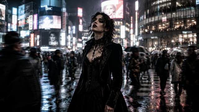 A gothic woman in black velvet and Victorian-inspired tailoring stands motionless at the center of a rain-soaked neon city crossing at night while crowds blur past her like ghosts. Wet asphalt reflects white and crimson city lights. Her pale face, dark lipstick, silver jewelry, and lace details contrast sharply against the hyper-modern digital landscape surrounding her. Towering LED billboards glow through fog and rain, creating a mood of melancholic resistance against technological overstimulation. The atmosphere feels cinematic, sensual, intellectual, and haunting, blending gothic elegance with cyberpunk urban isolation.