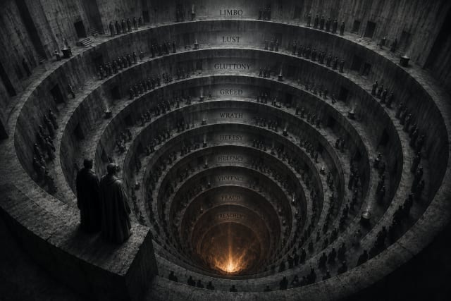 Dark cinematic illustration of Dante’s Inferno as a massive spiral abyss of descending concrete circles filled with shadowy human figures, symbolizing moral decay, structural corruption, and the collapse of civilization.
