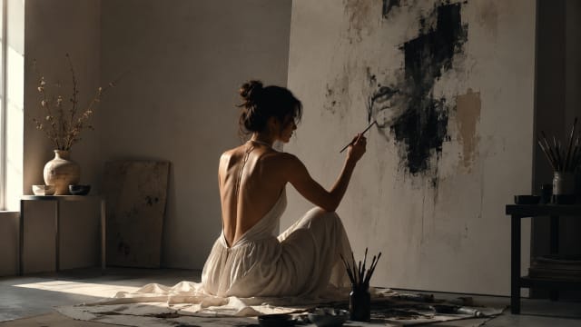 A minimalist cinematic scene of a young woman artist seated on the floor of a quiet sunlit studio, painting an abstract monochrome portrait on a large canvas. She wears an elegant off white backless maxi dress with soft flowing fabric cascading around her. Her dark hair is tied in a loose bun, exposing her bare back illuminated by warm natural light entering from a tall window. The studio contains scattered paint brushes, muted ceramic bowls, unfinished canvases, and textured walls in beige and charcoal tones. The atmosphere feels contemplative, intellectual, and emotionally restrained. High contrast shadows, neutral palette, negative space, and an Aeon magazine aesthetic.