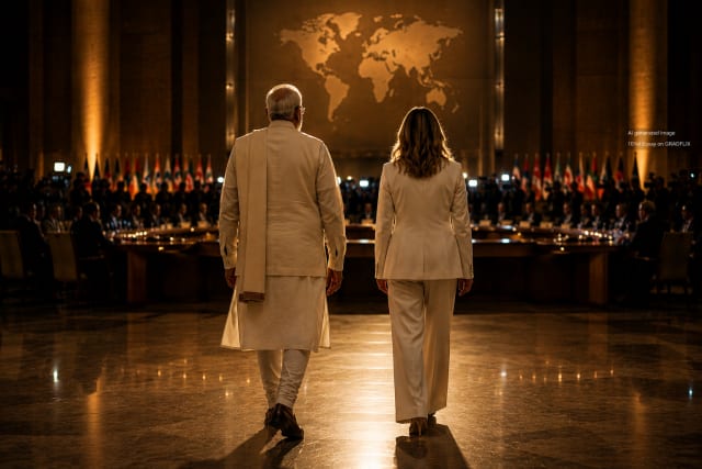 Minimalist cinematic image of two world leaders walking away from the viewer inside a grand diplomatic summit hall. An older Indian man in an off-white khadi kurta and a European woman in a cream suit walk side by side toward a circular conference table beneath a glowing world map. Warm amber lighting casts long shadows across the polished floor while blurred delegates, flags and camera flashes remain in the background. Small text in the top-right corner reads “AI generated image.” The atmosphere feels symbolic, restrained and geopolitical rather than celebratory.