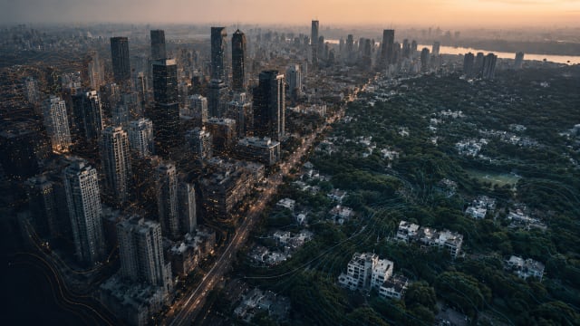 A cinematic aerial view of a modern city at dusk showing dense high-rise towers transitioning into greener low-rise neighborhoods, with subtle contour lines suggesting invisible urban heat patterns across the landscape.