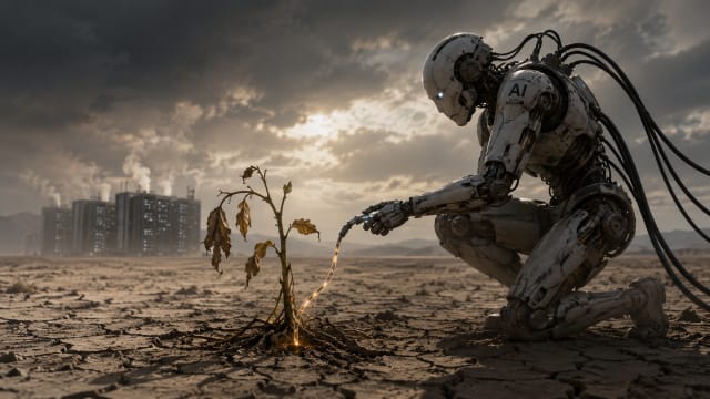 A humanoid AI robot drains energy from a dying plant in a barren desert while industrial datacenters loom in the polluted distance, symbolizing the environmental cost of artificial intelligence.