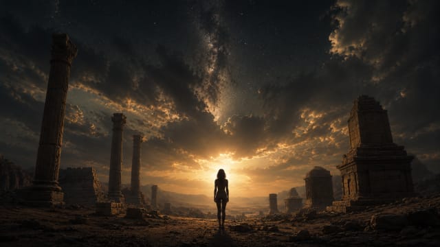 A lone figure stands among ancient ruins beneath a dramatic twilight sky, facing a glowing horizon that symbolizes humanity’s search for meaning beyond death.