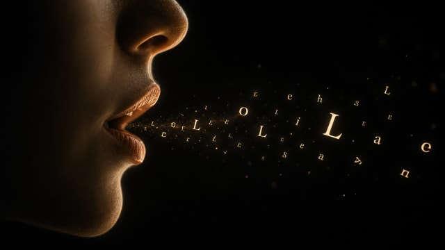 Close-up side profile of a woman whispering into darkness as glowing golden letters drift from her lips like fireflies. Warm amber light illuminates her face against a deep black background, creating a quiet, poetic atmosphere that symbolizes language becoming sound and memory.