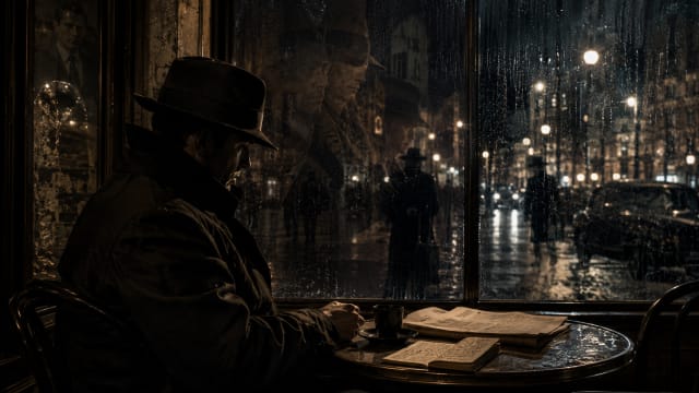 A cinematic 16:9 editorial illustration of a solitary spy sitting alone in a dimly lit European café at night during the Cold War. Rain streaks down the windows while blurred city lights glow outside. The spy wears a dark overcoat and hat, his face partially hidden in shadow. On the table lie a folded newspaper, an untouched cup of coffee, and a small notebook filled with coded writing. Reflections in the glass subtly suggest multiple identities and fractured selves. The atmosphere feels quiet, intelligent, melancholic, and psychologically tense rather than action-oriented. Moody noir lighting, muted colors, realistic textures, shallow depth of field, premium Aeon-style magazine aesthetic, highly cinematic composition, no guns, no action scene, no text, no watermark.
