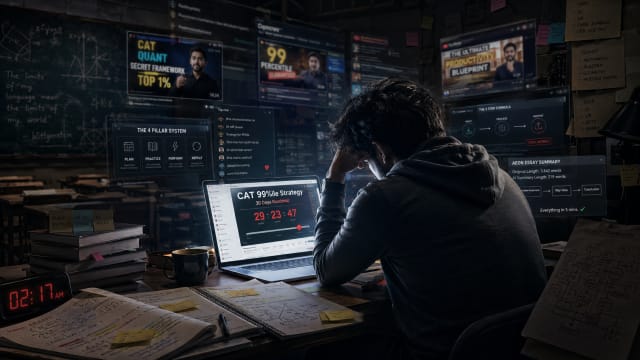 A cinematic editorial illustration of an exhausted MBA aspirant studying alone at 2 a.m. in a dark room illuminated by a glowing laptop screen. Floating around him are flashy EdTech windows filled with countdown timers, CAT strategy videos, colorful productivity frameworks, mathematical shortcuts, AI summaries, and motivational thumbnails. The room is cluttered with notebooks, sticky notes, formulas, and diagrams, while faded classroom blackboards and empty benches disappear into the background, symbolizing the loss of traditional teaching. The atmosphere feels intellectually dense, melancholic, and slightly dystopian, with muted blue tones, subtle red notification glows, and layered digital chaos conveying information overload and performative online education.