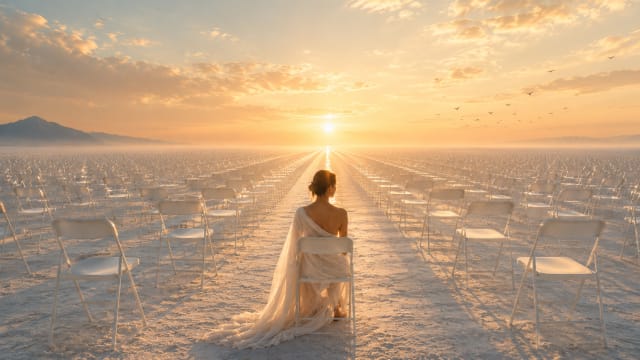 A solitary woman draped in flowing white fabric sits on a single white chair at dawn, facing an endless horizon. Around her, thousands of identical empty white chairs stretch in perfect rows across a vast pale landscape, gradually disappearing into mist and soft golden light. Long shadows fall across the ground as the rising sun illuminates the scene, creating a quiet, surreal atmosphere that evokes themes of choice, absence, memory, and the countless lives left unlived.