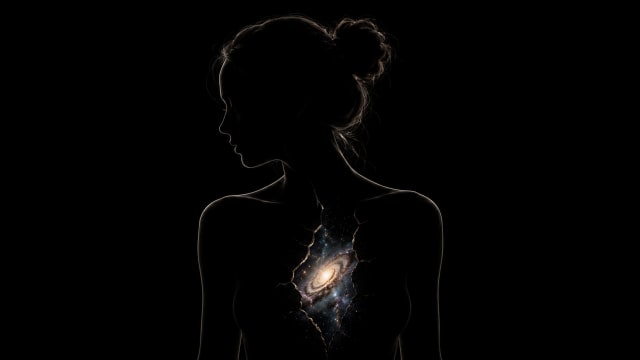 A minimalist conceptual artwork depicting a female silhouette emerging from a black background. A crack in her chest reveals a luminous spiral galaxy glowing within her body. The contrast between the dark human form and the ancient cosmos inside symbolizes the scientific idea that the atoms in the human body were forged in stars billions of years before the Earth formed. The image explores themes of cosmic origins, deep time, stardust, astronomy, and humanity's connection to the Universe.