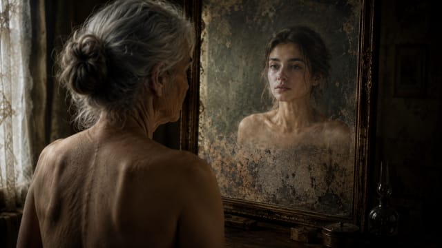 An elderly woman with silver hair stands before an aged mirror in a dimly lit room, viewed from behind. Her weathered back contrasts with the reflection of a young woman gazing calmly from the tarnished glass. Time-worn stains and oxidation partially obscure the reflection, while soft window light filters through lace curtains, creating a contemplative atmosphere about memory, identity, aging, and the passage of time.