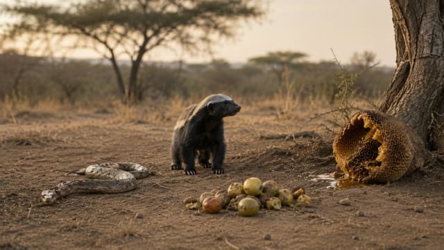 A honey badger stands alone on a dry African savanna at golden hour. In front of it lie three different food sources, a dead snake, a pile of fallen fruit, and a broken honeycomb dripping with honey beside a tree. The animal appears paused in thought rather than feeding, surrounded by open space and warm earth tones. The scene conveys adaptability, choice, and survival through flexibility rather than strength.
