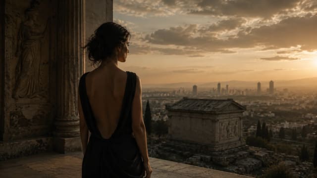 An adult woman stands before ancient ruins and a distant city at dusk, reflecting on memory, inheritance, and the tension between past and present.