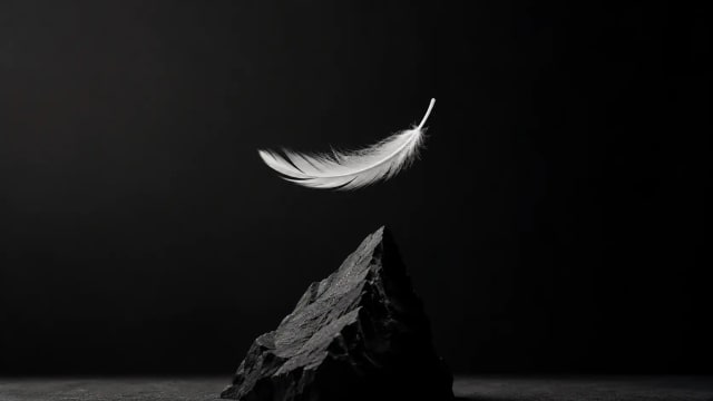A white feather suspended above a sharp black stone in a minimalist monochrome composition.