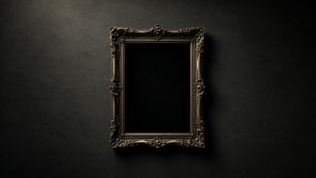**Alt text:**  *An ornate antique picture frame hangs on a dark charcoal wall, its center filled with an empty black void. Soft museum lighting and expansive negative space create a contemplative image about absence, unrealized futures, and lives that never came to be.*