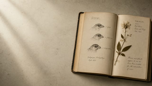 Open notebook with Darwin-inspired finch sketches and a pressed flower, representing the connection between evolution, beauty, literature, and scientific observation.