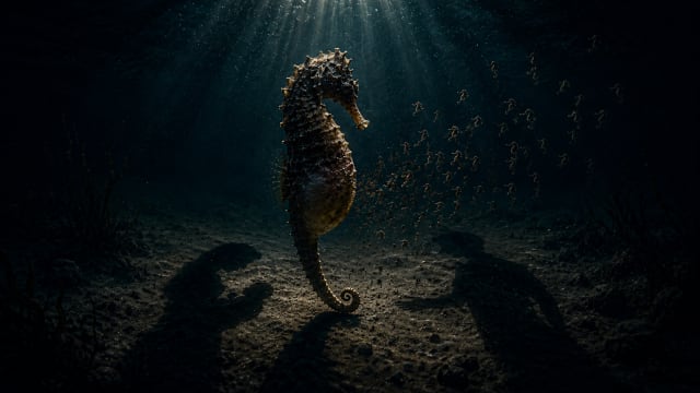A pregnant male seahorse releases its young while human-like parental shadows appear on the seabed, symbolizing the complexity of motherhood and fatherhood.