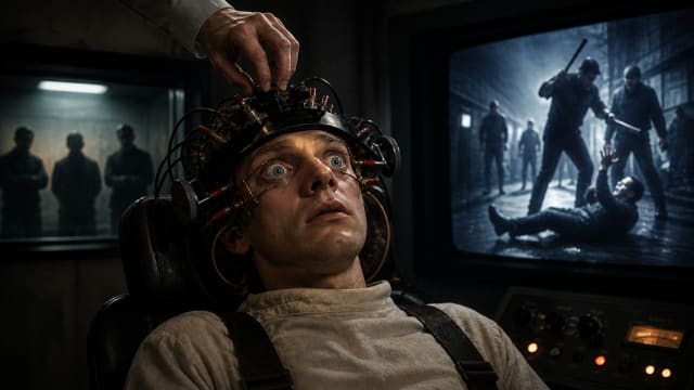 Ludovico Technique scene inspired by A Clockwork Orange by Stanley Kubrick, man strapped to chair with eyes forced open, undergoing psychological conditioning while watching violent imagery in a dark dystopian lab.