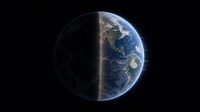 Earth suspended in space with one hemisphere illuminated and the other in darkness, symbolizing a world that has stopped spinning and lost its cycle of day and night.