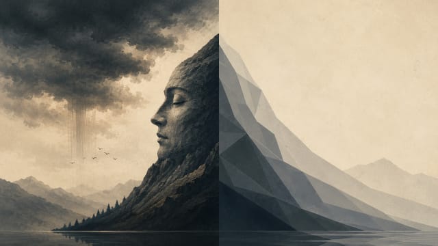 A wide surreal landscape illustration divided into two contrasting halves. On the left, a dark mountain cliff forms the profile of a serene human face beneath heavy storm clouds, with distant birds flying across a misty valley. The rugged terrain and dramatic atmosphere evoke emotion, memory, and the natural world. On the right, the mountain transforms into a minimalist geometric structure made of translucent polygonal planes, rendered in soft gray tones against a pale textured sky. The composition contrasts organic complexity with abstract simplicity, symbolizing the tension between human consciousness, nature, and rational order.