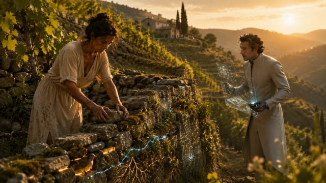 A cinematic Tuscan vineyard at golden hour where a female farmer repairs an ancient dry-stone terrace wall while a futuristic architect from the year 2150 watches in astonishment. The weathered stone wall glows with subtle visual traces of heat flow, water collection, root networks, and biodiversity systems, symbolizing ecological architecture. Terraced vineyards stretch across the hills beneath warm Mediterranean sunlight, illustrating the idea that ancient agricultural structures functioned as sophisticated environmental technologies and living ecosystems.