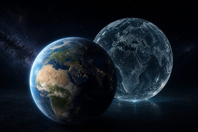 Conceptual illustration of Earth and a translucent backup planet in space, symbolizing Mars colonization, civilizational resilience, existential risk, and humanity's future survival.