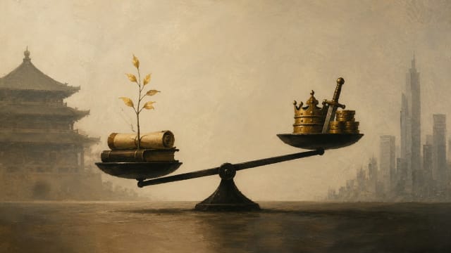 Minimalist oil painting of a balance scale weighing books and a sapling against a crown, gold and a sword, with an ancient Chinese palace fading into a modern skyline.