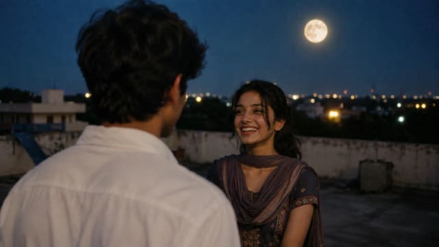 A realistic moonlit rooftop scene featuring a young Indian couple sharing an intimate moment under a bright full moon. A teenage boy in a white shirt stands facing a smiling young woman in a traditional salwar suit during blue hour, creating a cinematic atmosphere of first love, romance, nostalgia, and emotional connection.