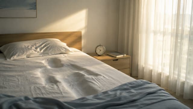 A minimalist bedroom at dawn with a neatly made bed showing the subtle impression of a sleeping person. Soft sunlight filters through sheer curtains, while an analog clock and closed notebook rest on a bedside table, symbolizing the fleeting nature of dreams and memory.