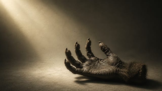 A shrivelled monkey's paw resting in dramatic light, representing the cursed talisman from W. W. Jacobs' classic horror story in which three wishes bring devastating consequences.