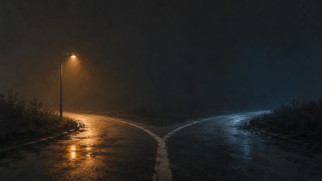 Forked road at night illustrating moral luck and divergent outcomes, feature image for GRADFLIX Philosophy essay."