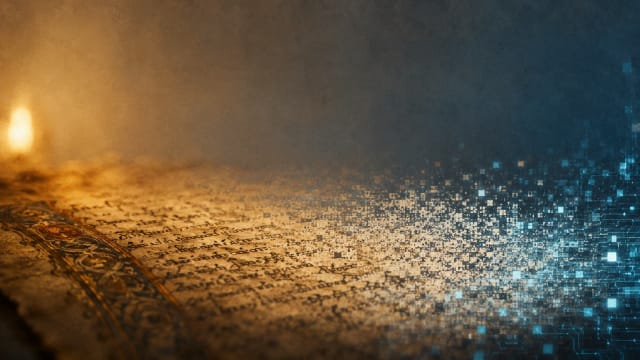 Close-up editorial illustration of an illuminated medieval manuscript dissolving into glowing digital pixels, symbolizing the transition from handwritten knowledge to the digital age.