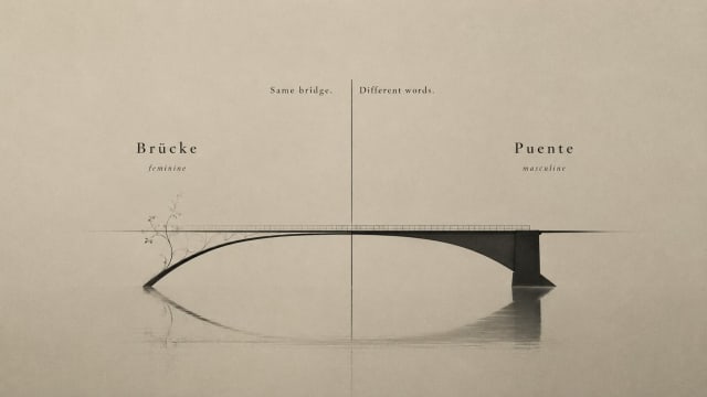 Minimalist conceptual illustration showing a single bridge split into two styles; the left side is feminine and intricate, labeled "Brücke," and the right side is masculine and industrial, labeled "Puente," reflecting linguistic gender differences in German and Spanish.